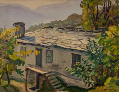 Zagora, House with Large Slate Roof — Oil painting, Canvas, 50.00×65.00cm — Theodoros Markellos